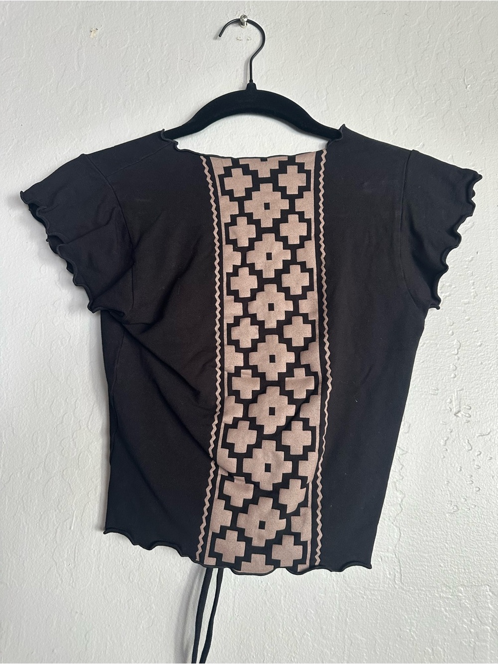 Black Ruched Drawstring V-Neck Women's Top - Picture 2 of 3